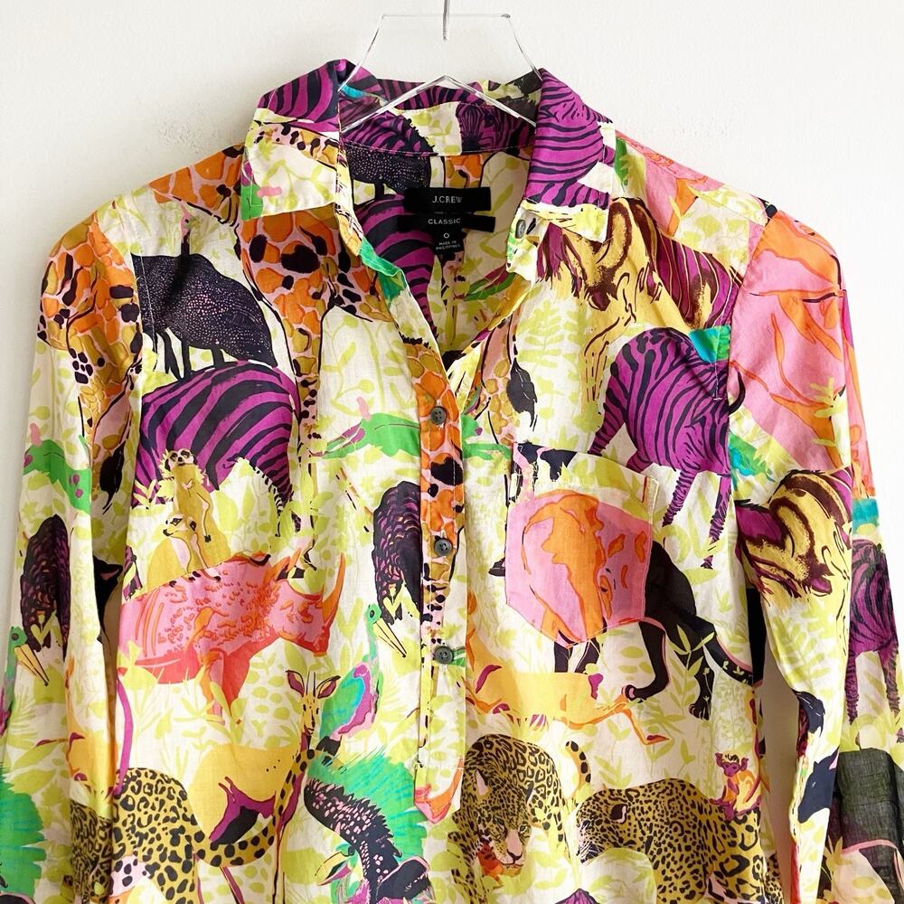 J Crew Women Classic Popover Blouse Sz 0 Safari Ratti Animals AN100 100% Cotton - Picture 5 of 9